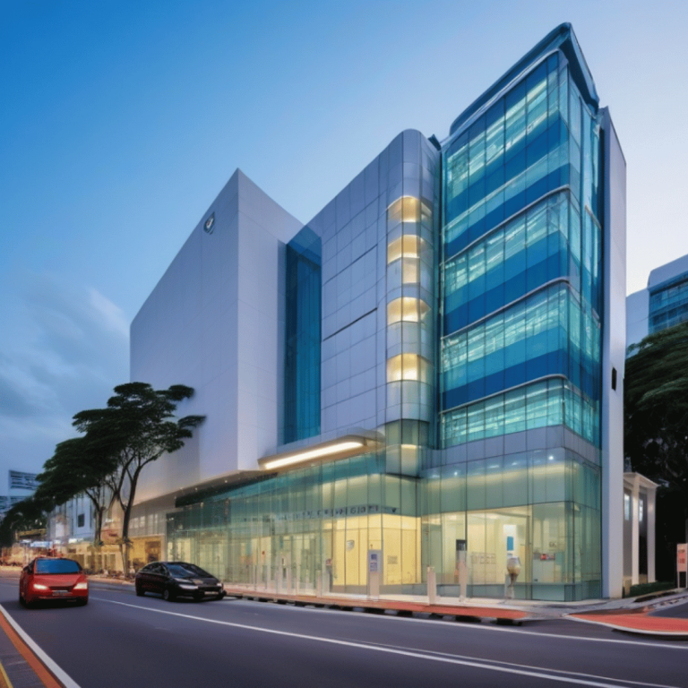 A Singapore street with a modern polyclinics and GP clinics side by side.